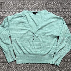 J Crew Sweater Womens Medium Henley Green Space Dyed V Neck Lightweight Knit